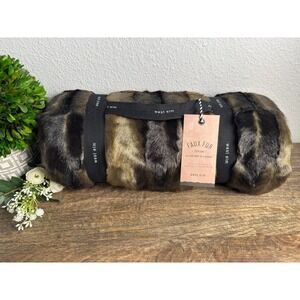 NEW With Tags West Elm Faux Fur Ombre Throw 47" X 60" in Brown Offset Stripe